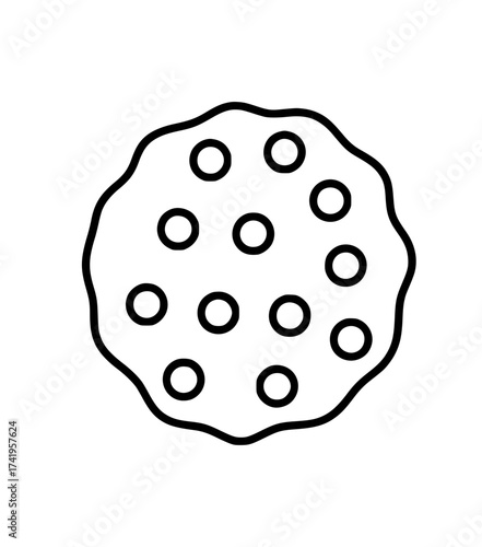 Minimalistic black outline illustration of a chocolate chip cookie