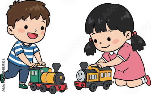 Cartoon children playing with toy trains, happy kids activity, preschool fun, colorful childhood playtime, educational toys, teamwork, imagination, indoor learning joy