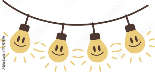 Smiling light bulbs hanging on a string whimsical design on transparent background silhouette