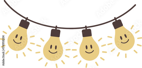 Charming string lights with smiling bulbs perfect for designs on transparent background silhouette
