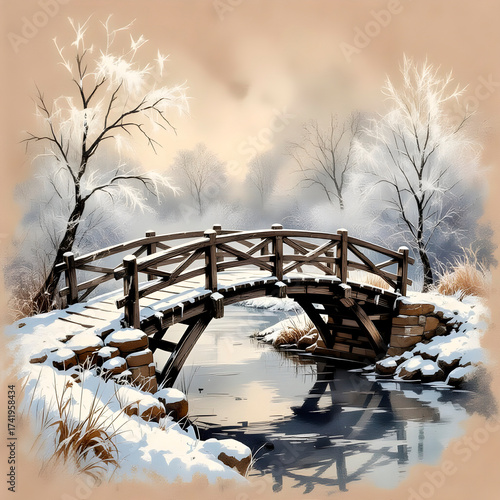 Light brown background, rustic sketch, white watercolor brush strokes, sfumato, old bridge, frost, wood, ink details, grunge, art