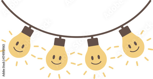 Charming string lights with smiley faces perfect for design on transparent background silhouette