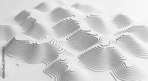 Abstract 3D White Topographic Map with Wavy Layers and Minimalist Geometric Design