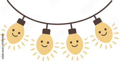 Cute string lights with smiling bulbs perfect for designs on transparent background silhouette