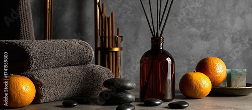 Experience ultimate relaxation with spa essentials like fluffy towels aromatic diffuser smooth stones and fresh oranges