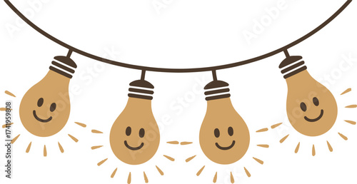 Charming string lights with smiling bulbs perfect for designs on transparent background silhouette