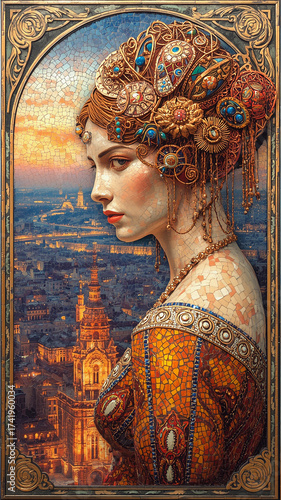 Mosaic Portrait of a Woman with Cityscape