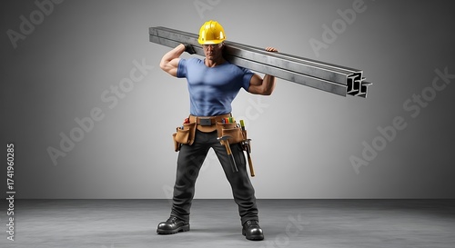 Strong Construction Worker Carrying Metal Beams on Shoulders with Confidence