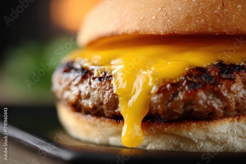 Melting Cheddar Over Juicy Beef Patty in Shallow Depth Focus Shot