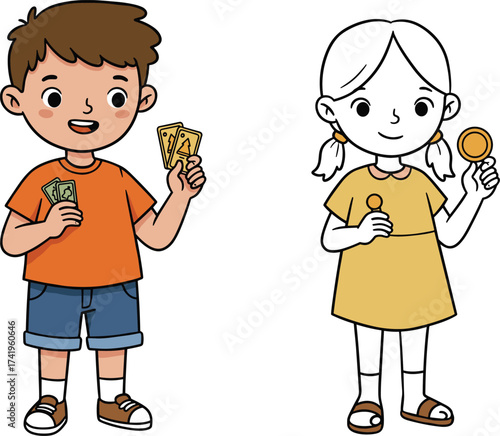 Cartoon kids holding play money and coins, boy with cards and cash, girl with lollipop and token, playful illustration