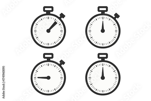 Stopwatch timer clock icon set vector illustration. Simple black chronometer face collection for measuring seconds and minutes. Concept of deadline, countdown, sport, and speed.