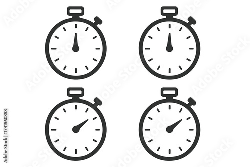 Stopwatch timer icon set. Clock face with second hand for time measurement. Concept of countdown, deadline, speed, sport, and cooking. Simple flat black vector illustration.