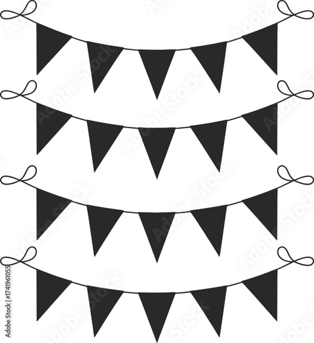 Black bunting flags with strings decorative party garland on transparent background silhouette