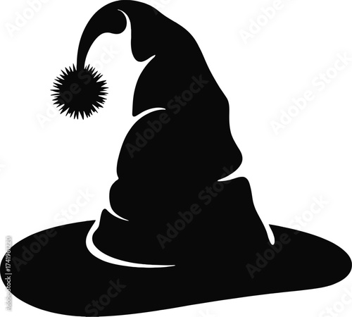 Black wizard hat with a fluffy pompom on transparent background silhouette