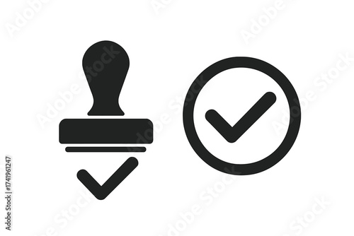 Approval stamp and check mark icon set. Approved, confirmed, passed, certified symbol. Permission granted, quality control validation vector sign. Correct, yes, ok button.