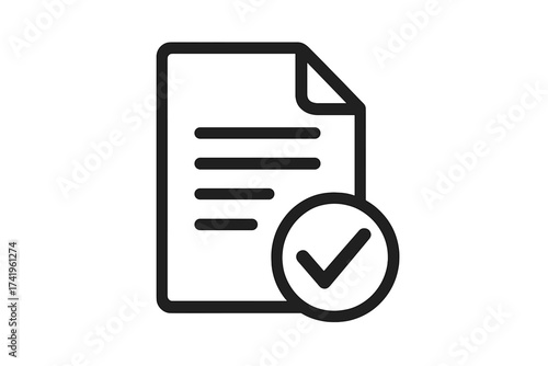 Approved document icon. Agreement, contract symbol. Checkmark for accepted, certified license paper. Verification, compliance, success concept. Validation, confirmed, pass.