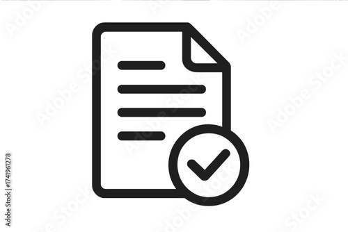 Approved document icon with checkmark. Concept of contract agreement, certified license, or validated paper. Symbol for acceptance, verification, quality check, and completed task.