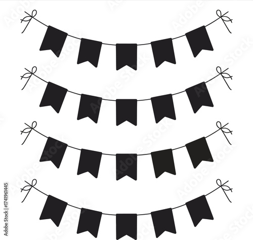 Black bunting flags hanging on a string ideal for celebrations silhouette on transparent background