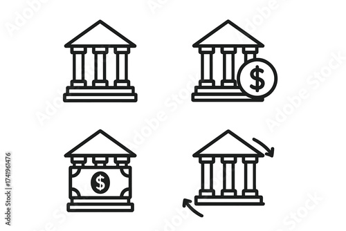 Bank building icon collection. Financial transaction concept. Vector line pictogram set. Money, deposit, withdrawal, payment symbol. Finance, economy, investment sign.