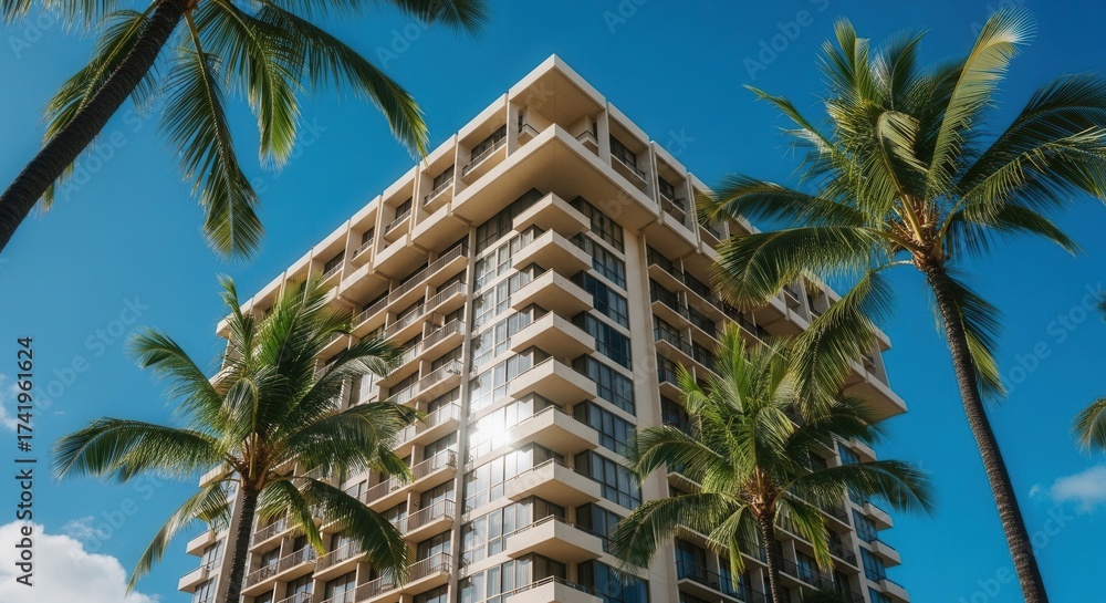 Fototapeta premium A tall modern building with numerous windows and balconies rises against a clear blue sky framed by several vibrant green palm trees with sunlight glinting off its facade