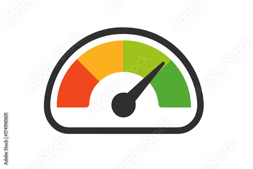 Efficiency gauge icon for performance measurement. Speedometer or tachometer showing high level. Fast progress, quality score or customer satisfaction rating vector illustration.