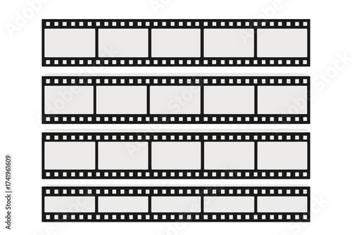 Film strip vector illustration set. Retro cinema movie filmstrip design. Old film tape reel. Negative camera roll frame. Photography border. Video production, cinematography concept.