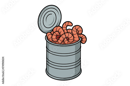Can of worms metaphor for a complex problem. Earthworms in a tin can for fishing bait. Idiom for trouble. Cartoon vector illustration isolated on white background. Angling.