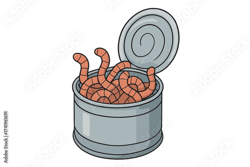 Can of worms metaphor for a complex problem. Fishing bait cartoon illustration. Earthworms in a tin can. Idiomatic phrase for an unpleasant situation. Vector art for fishing.