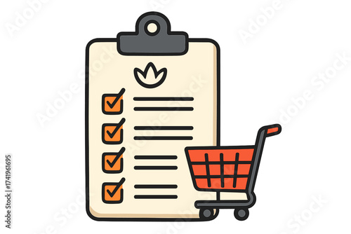 Shopping list on clipboard with shopping cart icon. Checklist, to-do list, completed tasks concept. Grocery planning, purchasing, and consumerism vector illustration. Flat design.