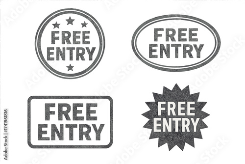 Set of Free Entry rubber stamps. Grunge textured vector illustration. Collection of retro badges, labels and seals for entrance without admission fee. Vintage design elements.