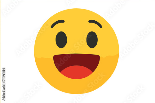 Happy emoji face vector icon. Grinning smiley with big smile. Yellow cartoon character expression. Cheerful emotion symbol. Cute funny graphic element for chat design.