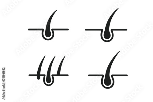 Hair follicle icon set. Scalp and hair root symbol collection. Anatomy of skin layer. Dermatology and cosmetology concept. Hair growth, loss, treatment. Alopecia care vector pack.