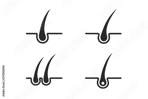 Hair follicle and scalp icon set. Vector symbols for hair growth, loss, and treatment. Dermatology, alopecia, and transplant clinic concepts. Minimalist graphic illustration.