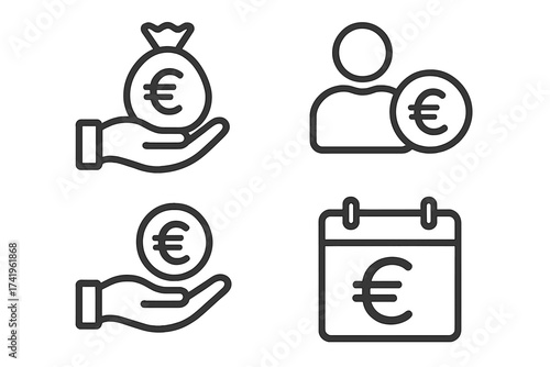 Euro money icon set. Finance, income, and salary symbols. Hand holding money bag and coin. Personal finance, payment date calendar, and investment vector line icons.