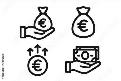 Euro money icon set. Vector financial symbols for business. Hand holding cash moneybag and banknote. Income, salary, payment sign. Investment growth with coin and arrows.