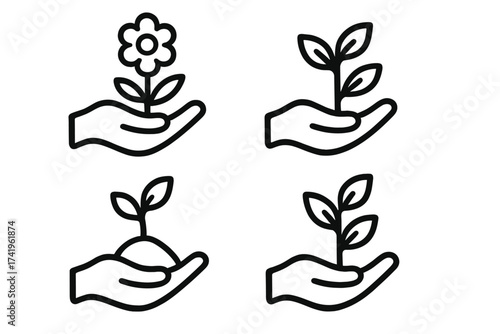 Hand holding plant and flower icon set. Vector for ecology, growth, nature. Sprout in hand, gardening, environmental care, new life, hope, and support logo symbols.