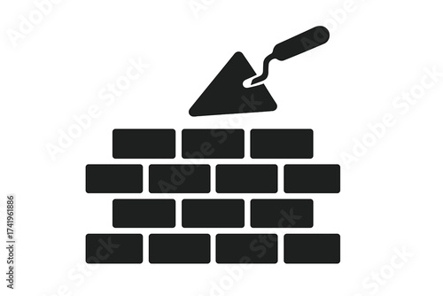 Brick wall icon vector. Construction concept. Building a house. Masonry and brickwork symbol. Trowel tool. Foundation, development, growth. Renovation and teamwork concept.