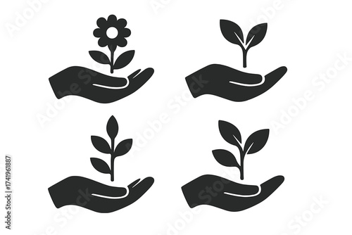 Hand holding plant and flower icon set. Growth, new life, nature concept. Sprout, seedling in palm. Vector symbols for ecology, environment, care, investment, startup, hope.