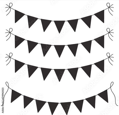 Black bunting flags with delicate strings ideal for party decor on transparent background silhouette