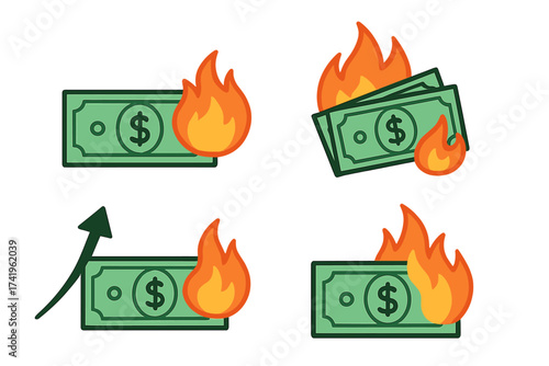 Inflation vector icon set. Burning dollar bills concept. Money on fire illustration. Financial crisis, economic recession, and currency devaluation metaphor. Cash loss symbol.