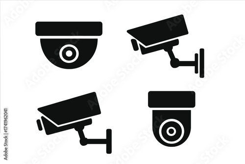 CCTV security camera icon set. Surveillance system symbol collection. Vector graphic for safety, protection, and monitoring. Video observation pictogram. Black silhouette design.