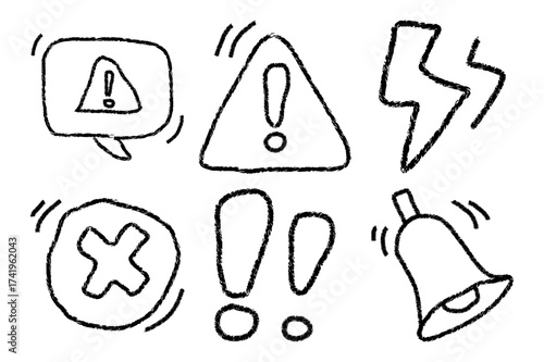 Hand drawn Scribble exclamation triangle point, stop warning, hazard sign. Hand drawn sketch white background