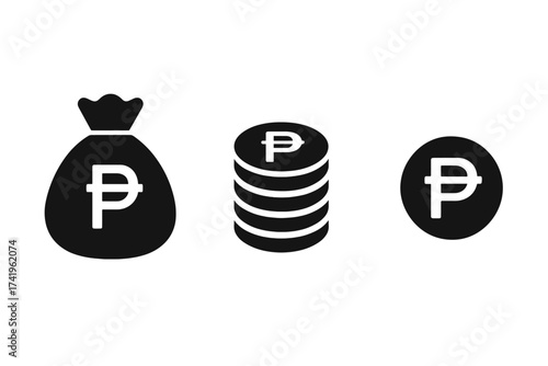 Philippine Peso currency icon set. Black and white vector illustration of money bag, stacked coins, and single coin symbol. Finance, business, and economy concept for the Philippines.