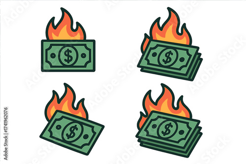 Money on fire vector icon set. Inflation concept. Financial crisis, economic recession, currency devaluation metaphor. Wasting cash, money loss, burning dollar bills illustration.