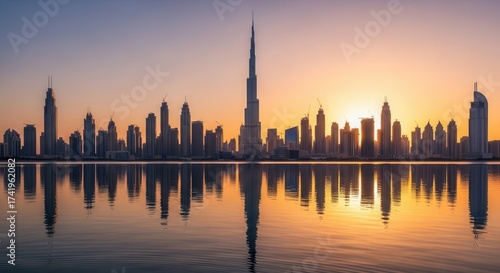 A vibrant cityscape at sunrise featuring numerous tall buildings including a prominent central skyscraper reflected in calm waters below