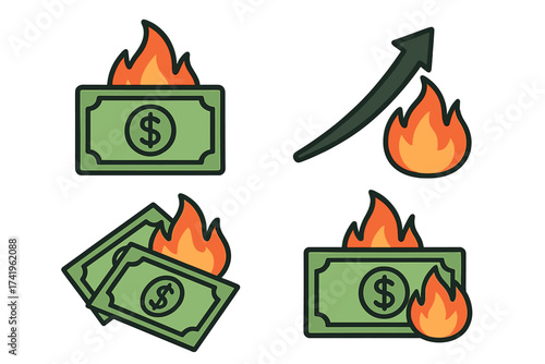 Inflation vector icon set. Money burning on fire. Financial crisis, economy recession concept. Dollar bills symbolize price increase, debt, devaluation, and loss of value.