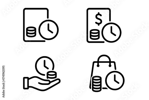Installment payment vector icon set. Line art for loan, credit plan, recurring payment, subscription. Financial concepts like BNPL, time is money, budget, and payment deadline.