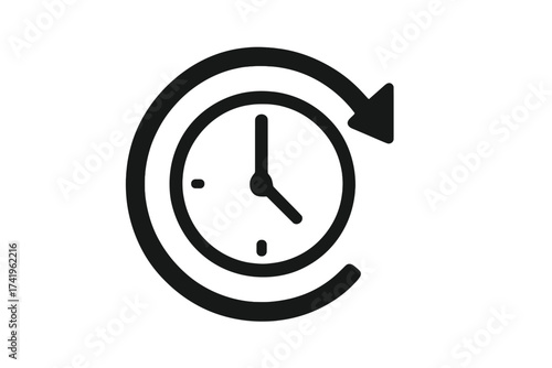 Time concept icon. Clock with arrow around. Back in time symbol. History, past, future. Deadline, schedule, countdown. Time management. 24 hours service. Vector graphic.