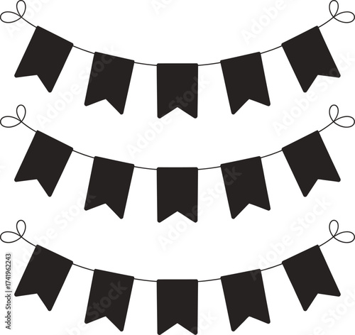 Black pennant banner strings decorative flags for events on transparent background silhouette