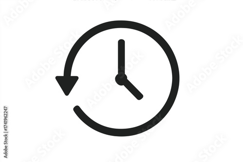 Back in time icon. Clock with arrow symbol illustration. History, recent update, and schedule concept. Rewind, reverse, and undo pictogram. Time management sign. Watch.